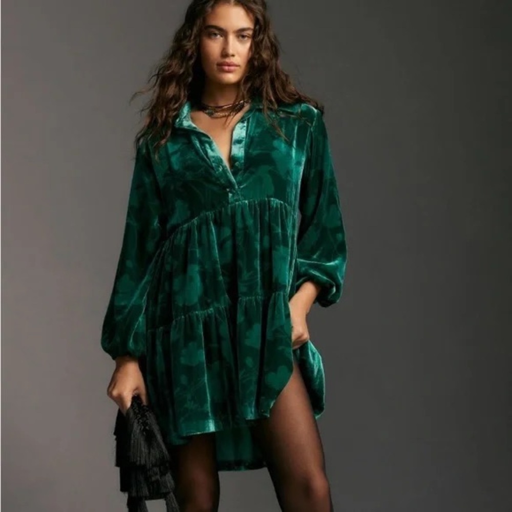 Anthropologie Maeve Green Floral Velvet Mini Dress